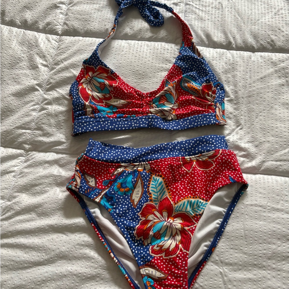 VENUS Red & Blue Floral Halter Bikini Set